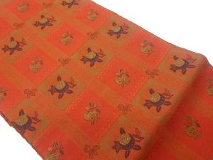 格子に草花・実模様織出し名古屋帯